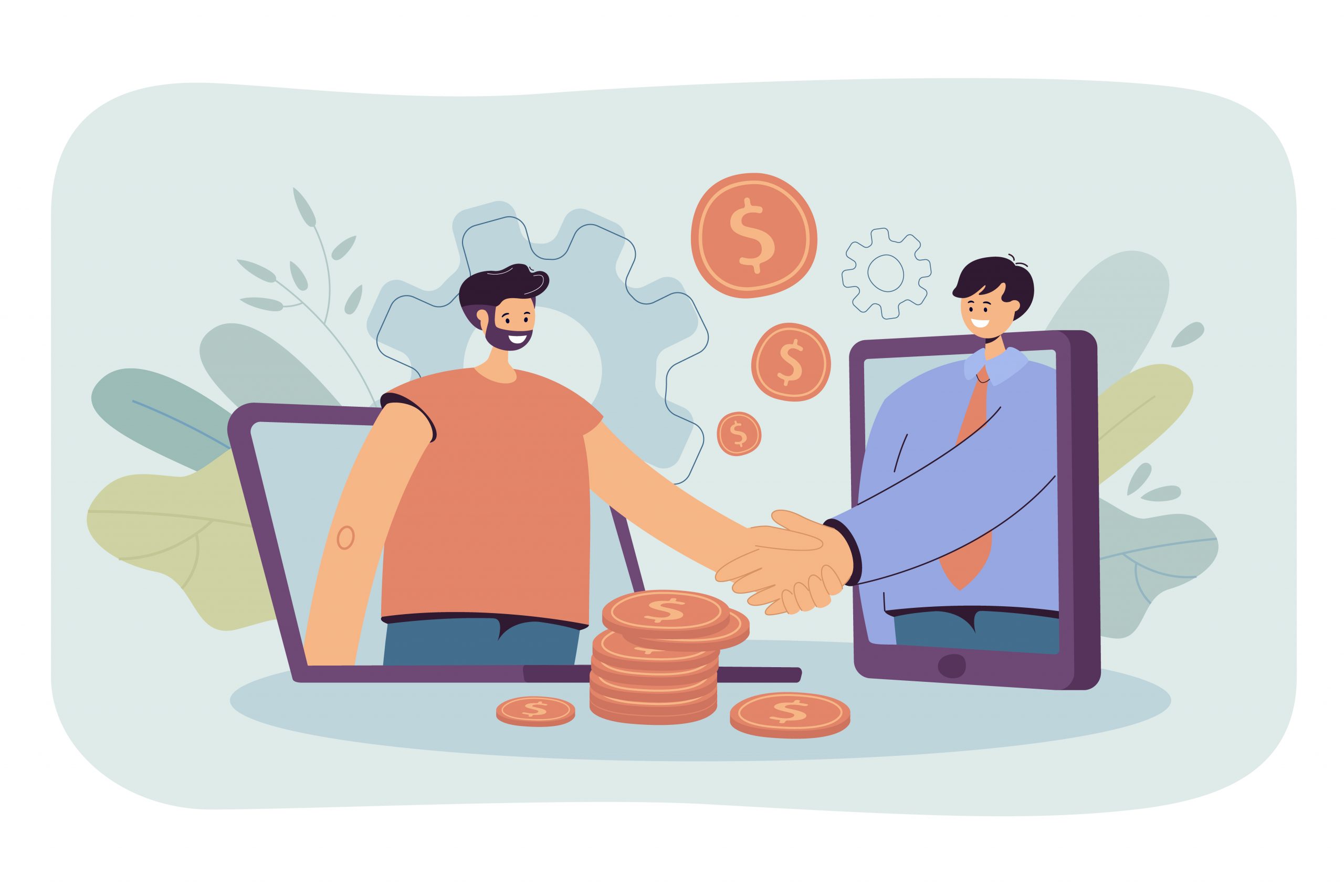 Business people using computers for closing deal online. Investor and startup leader shaking hands over money. Vector illustration for virtual handshake, remote work, global partnership concept