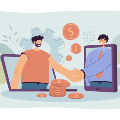 Business people using computers for closing deal online. Investor and startup leader shaking hands over money. Vector illustration for virtual handshake, remote work, global partnership concept